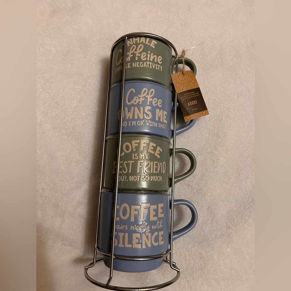 Abode Blue and Green Stacked Mugs Set Quotes Coffee Lover Hot Beverage / Stand